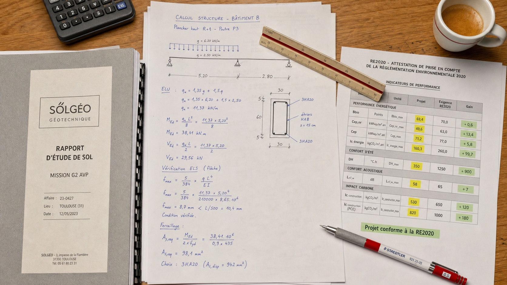 Ingénieurs d'un bureau d'études analysant des plans structurels sur table de travail