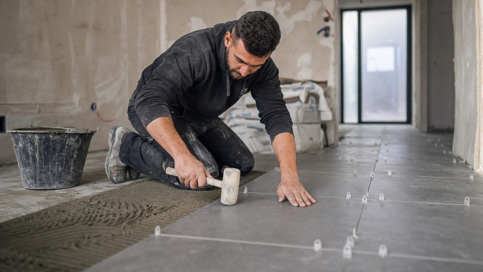 Carreleur professionnel posant un carrelage grand format sur un chantier de rénovation en France