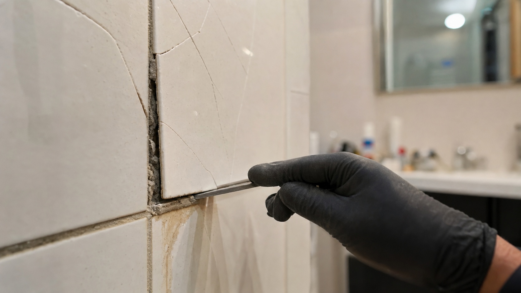 Détail d'un carrelage fissuré et décollé en salle de bain, illustration d'un sinistre décennal
