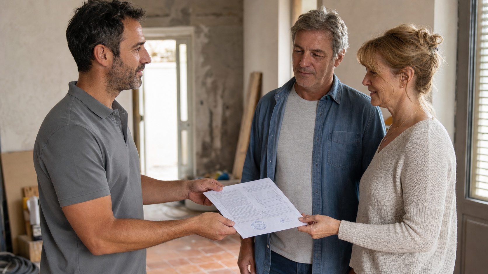 Artisan carreleur remettant une attestation de garantie décennale à un client avant signature du devis