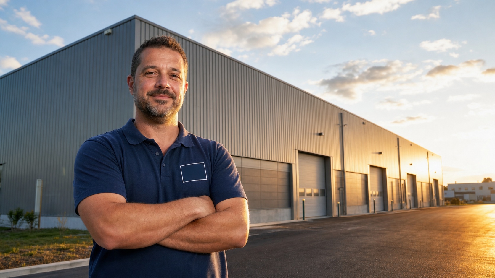 Équipe de charpentiers métalliques devant un hangar industriel flambant neuf livré avec succès en France