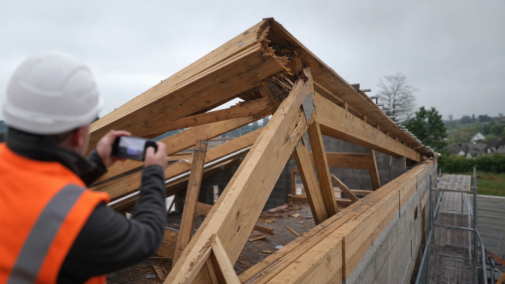 Charpentier sur une charpente bois en cours de montage sur un chantier résidentiel en France