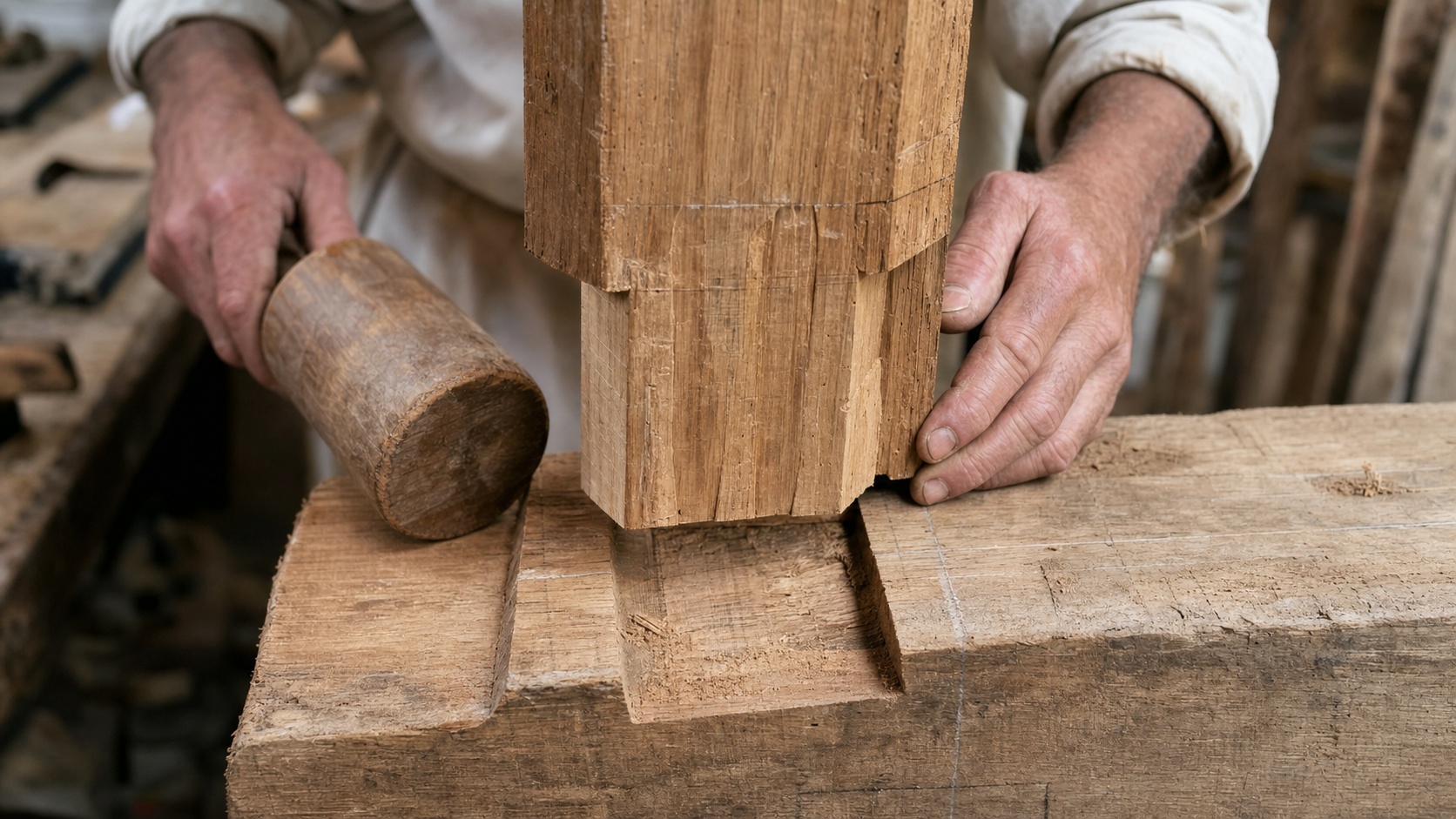 Détail d'assemblage de poutres en bois lamellé-collé dans une charpente traditionnelle