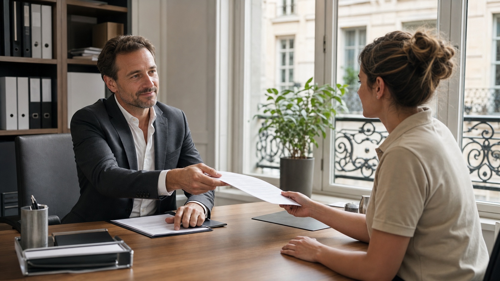 Artisan charpentier signant un contrat d'assurance décennale avec un conseiller dans un bureau