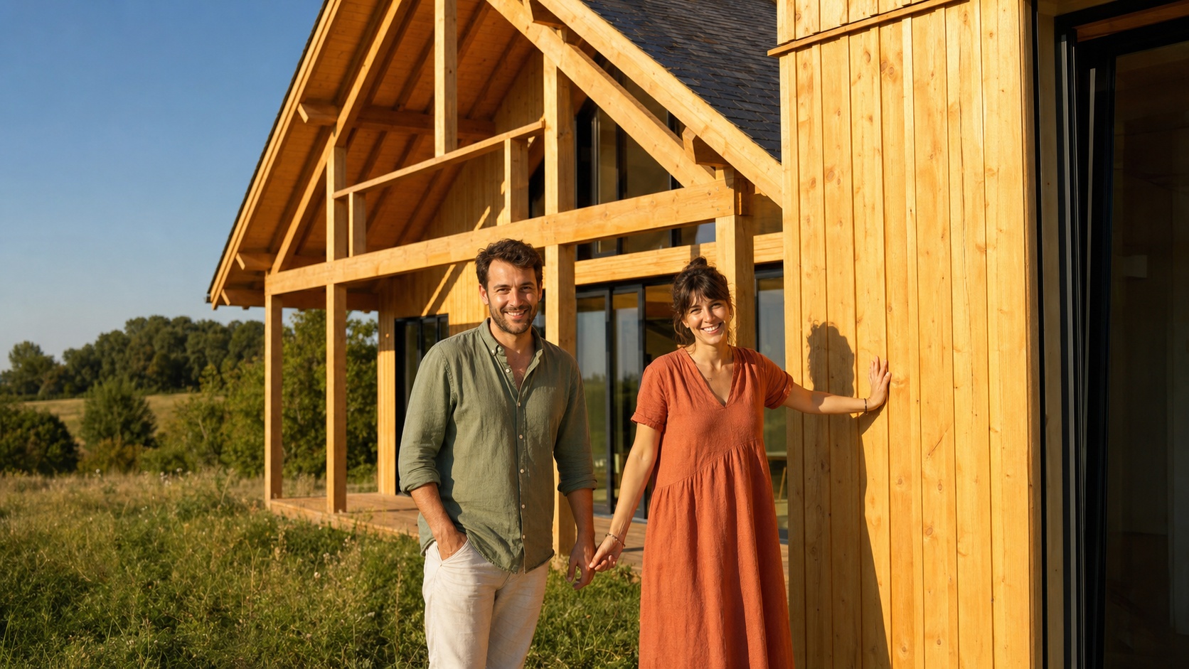 Charpentier satisfait devant une maison à ossature bois récemment achevée en milieu rural