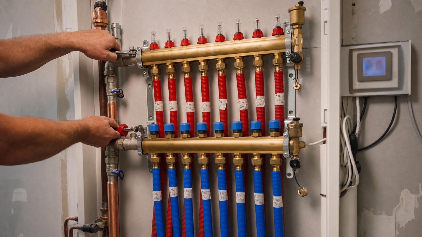 Détail technique d'un raccordement hydraulique de plancher chauffant avec tuyauterie encastrée dans une chape