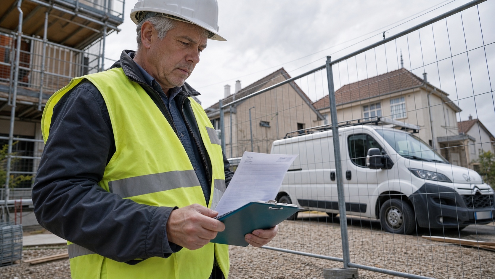 Inspecteur BTP vérifiant une attestation d'assurance décennale sur un chantier de rénovation thermique en Île-de-France