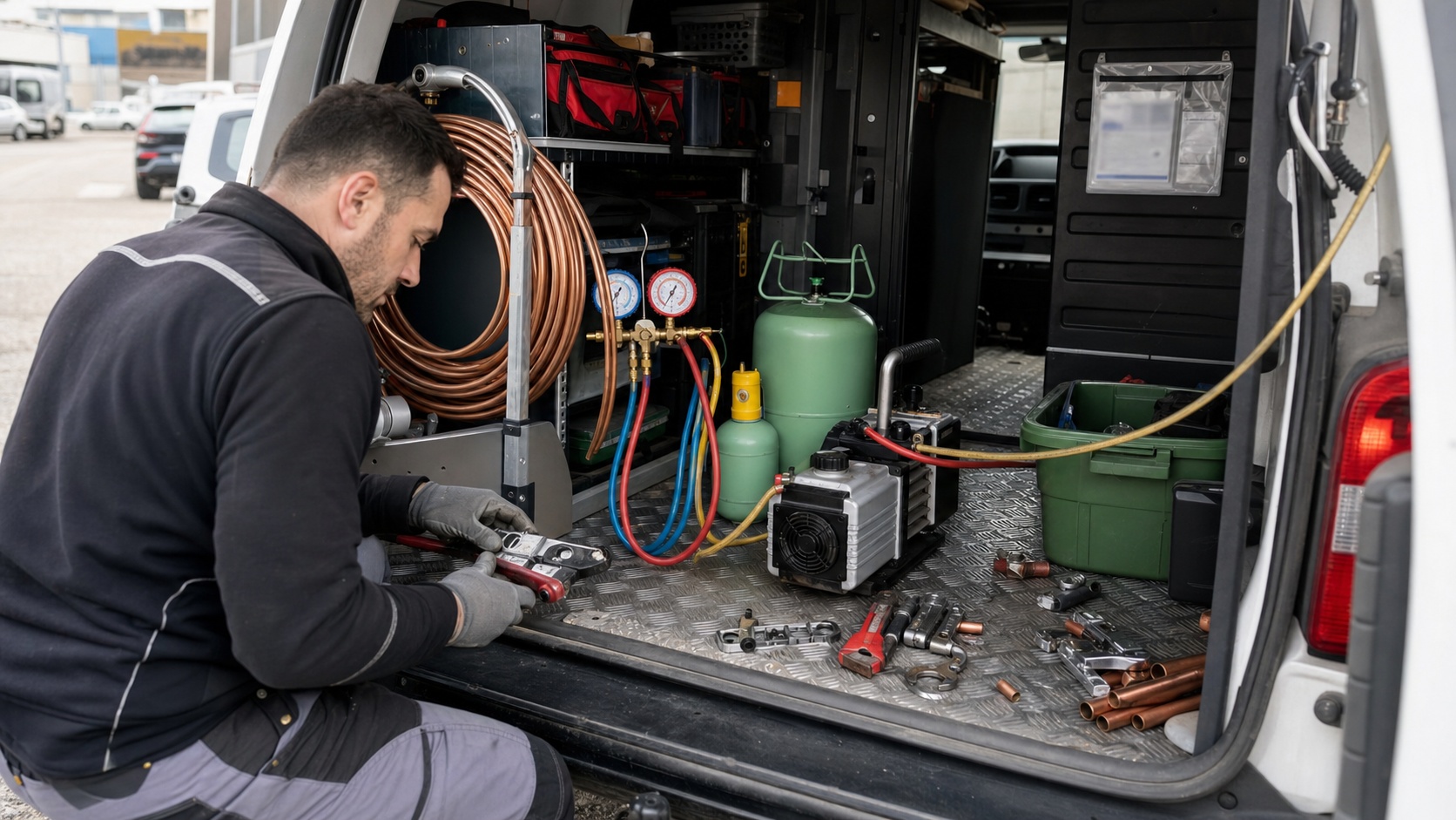 Détail technique d'une unité intérieure de climatisation en cours d'installation avec conduits frigorifiques apparents