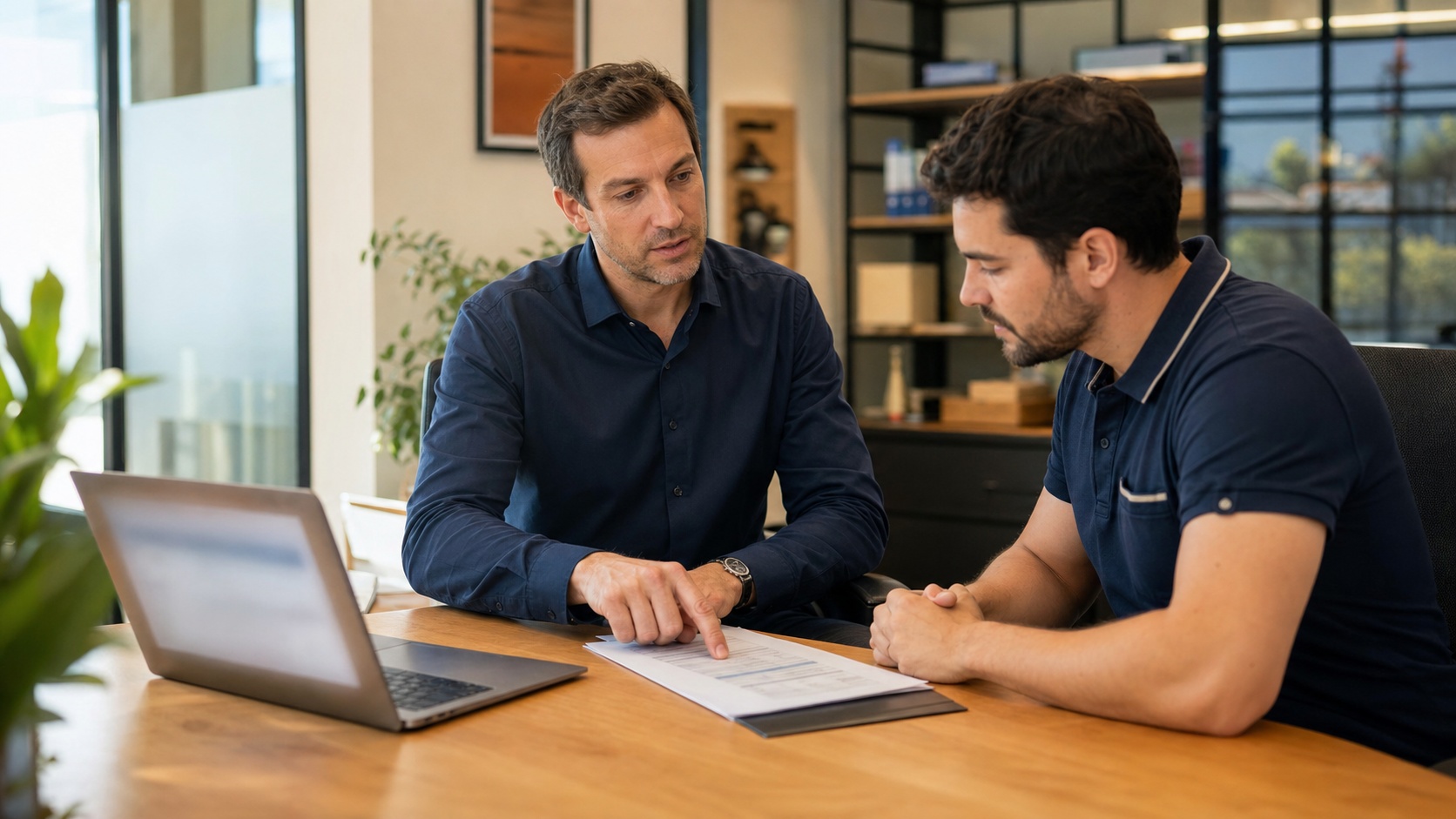 Artisan installateur de climatisation consultant un devis d'assurance sur tablette dans un bureau en France