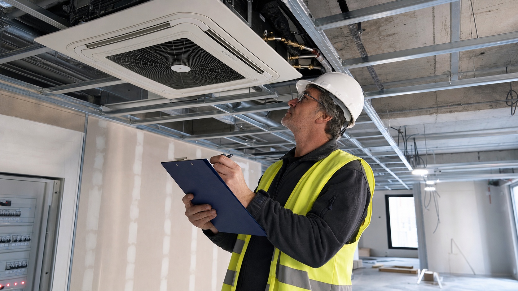 Inspecteur vérifiant la conformité d'une installation de climatisation dans un immeuble de bureaux en France