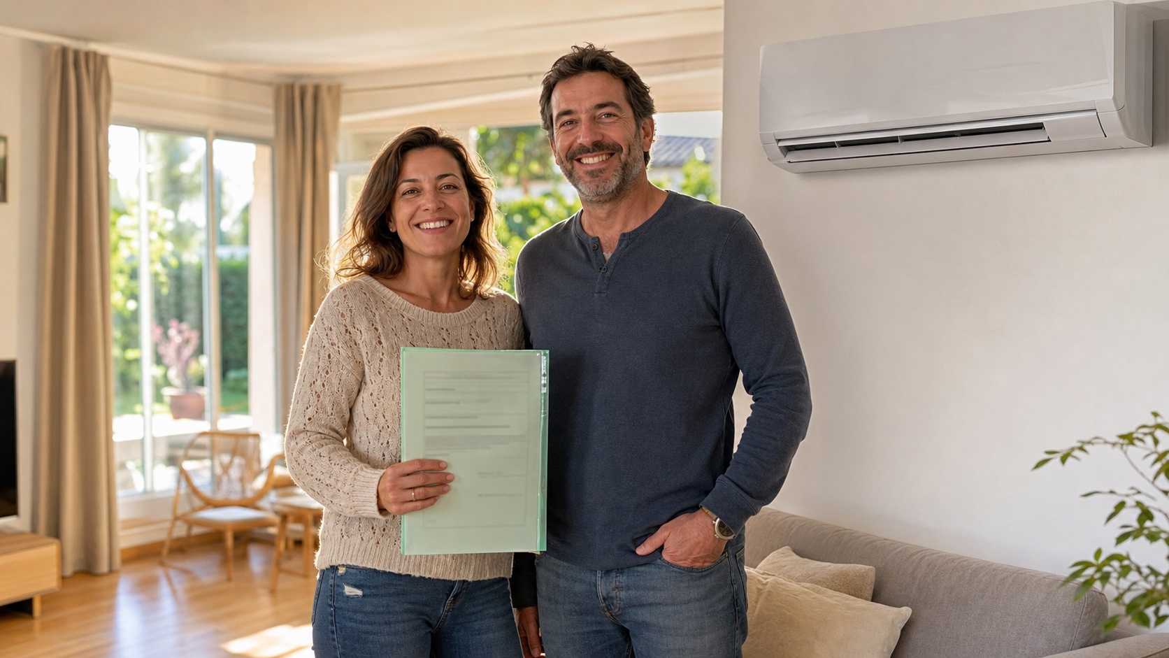 Artisan installateur de climatisation souriant devant un chantier terminé, client satisfait en arrière-plan