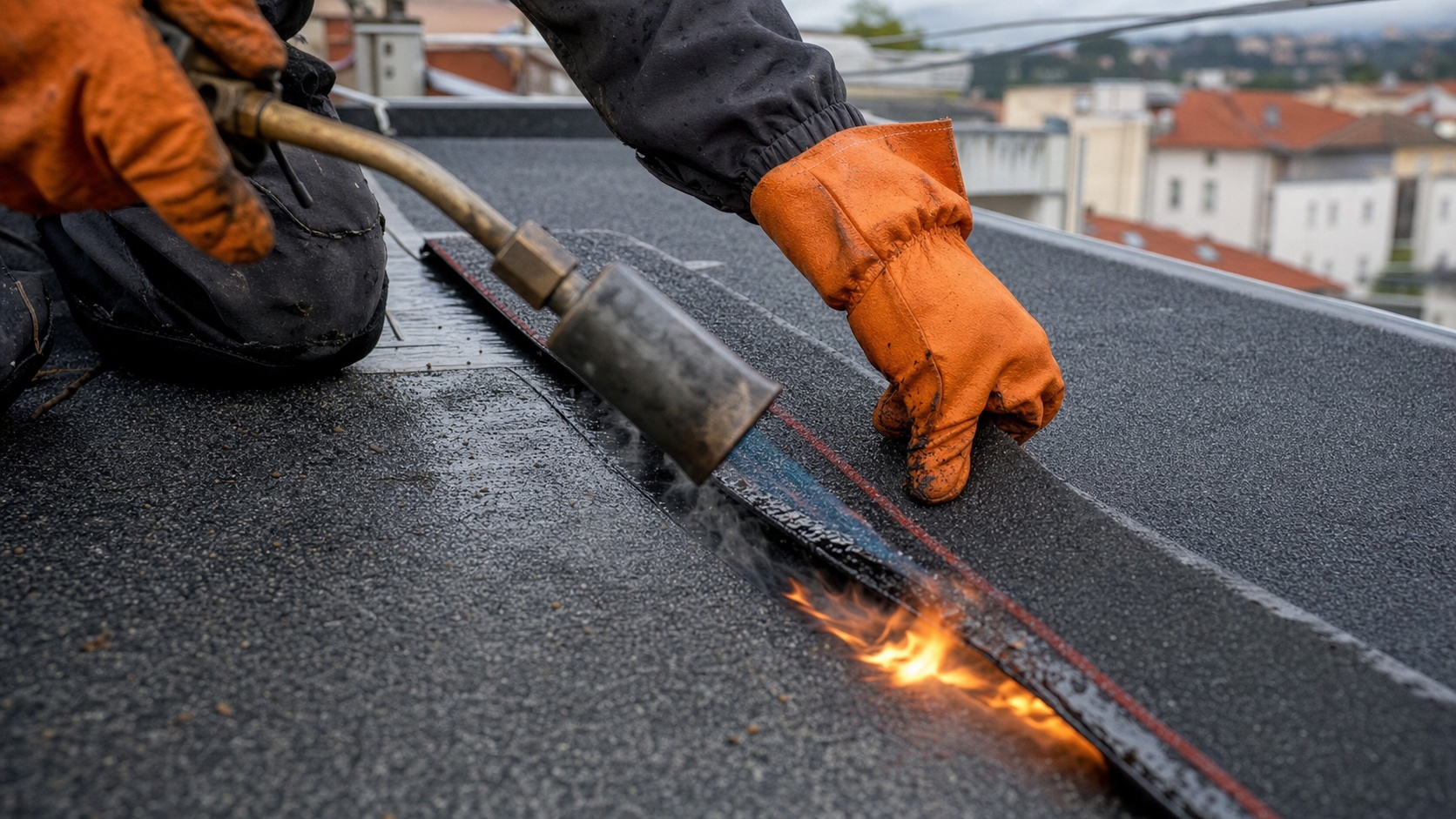 Détail d'une membrane d'étanchéité de toiture-terrasse avec traçage des joints, travaux de couverture