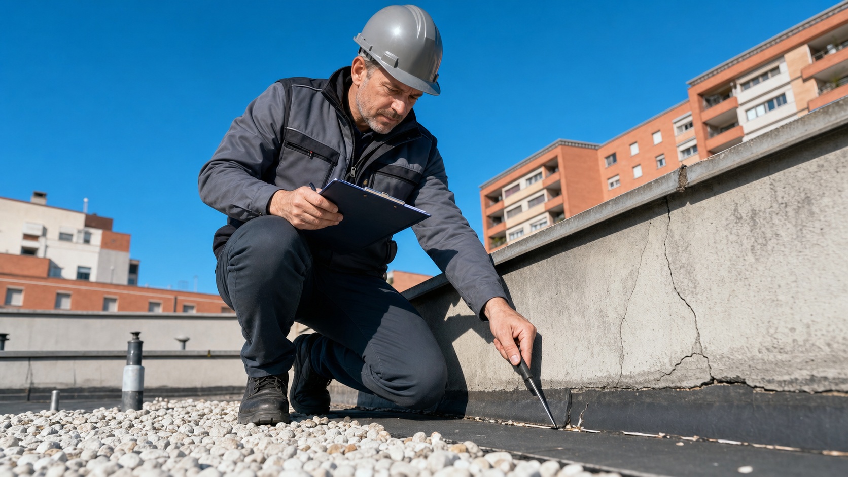 Expert en bâtiment inspectant une toiture avec tablette et formulaire de constat de sinistre décennal