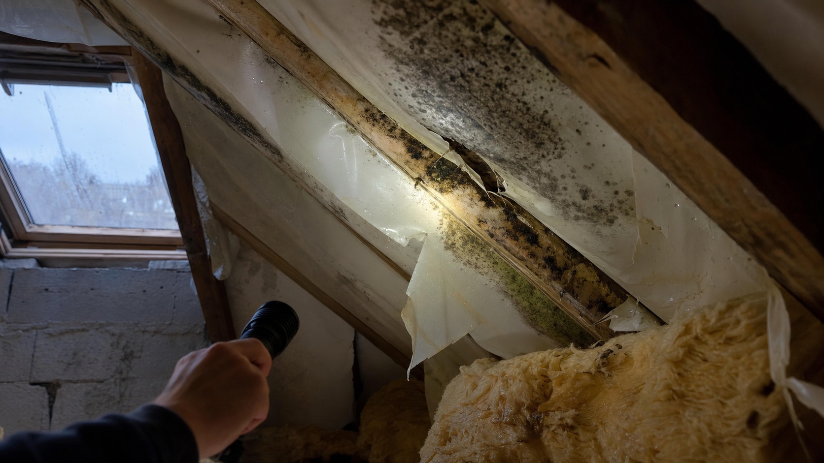 Artisan posant de la laine de verre dans des combles perdus lors d'un chantier d'isolation thermique