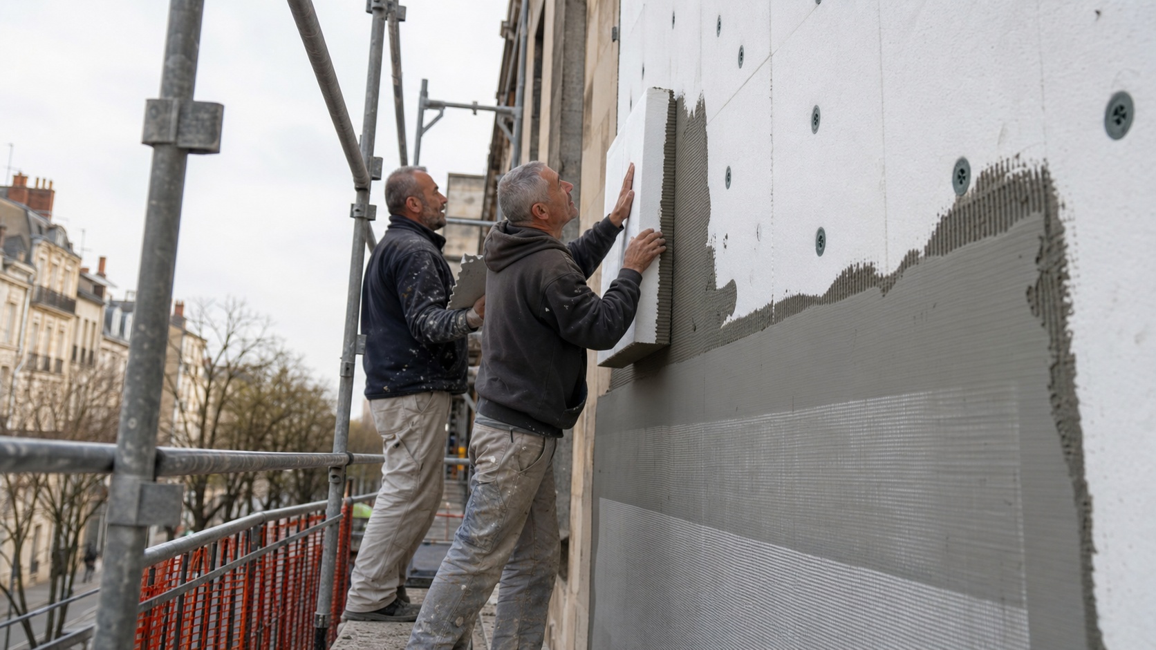 Détail d'une façade avec système d'isolation thermique par l'extérieur, panneaux de polystyrène fixés avant l'enduit