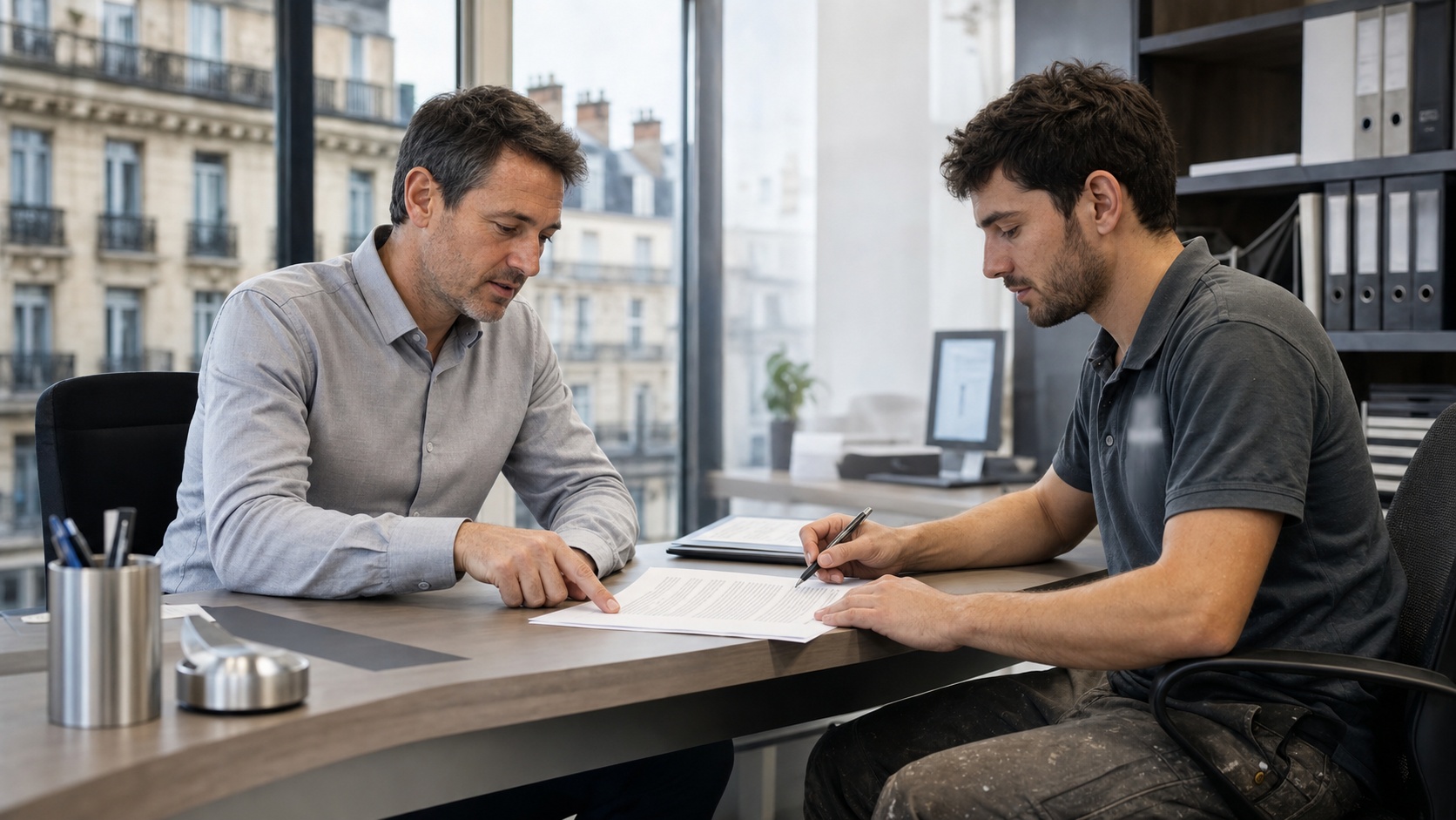 Artisan BTP signant un contrat d'assurance décennale avec un conseiller dans un bureau moderne