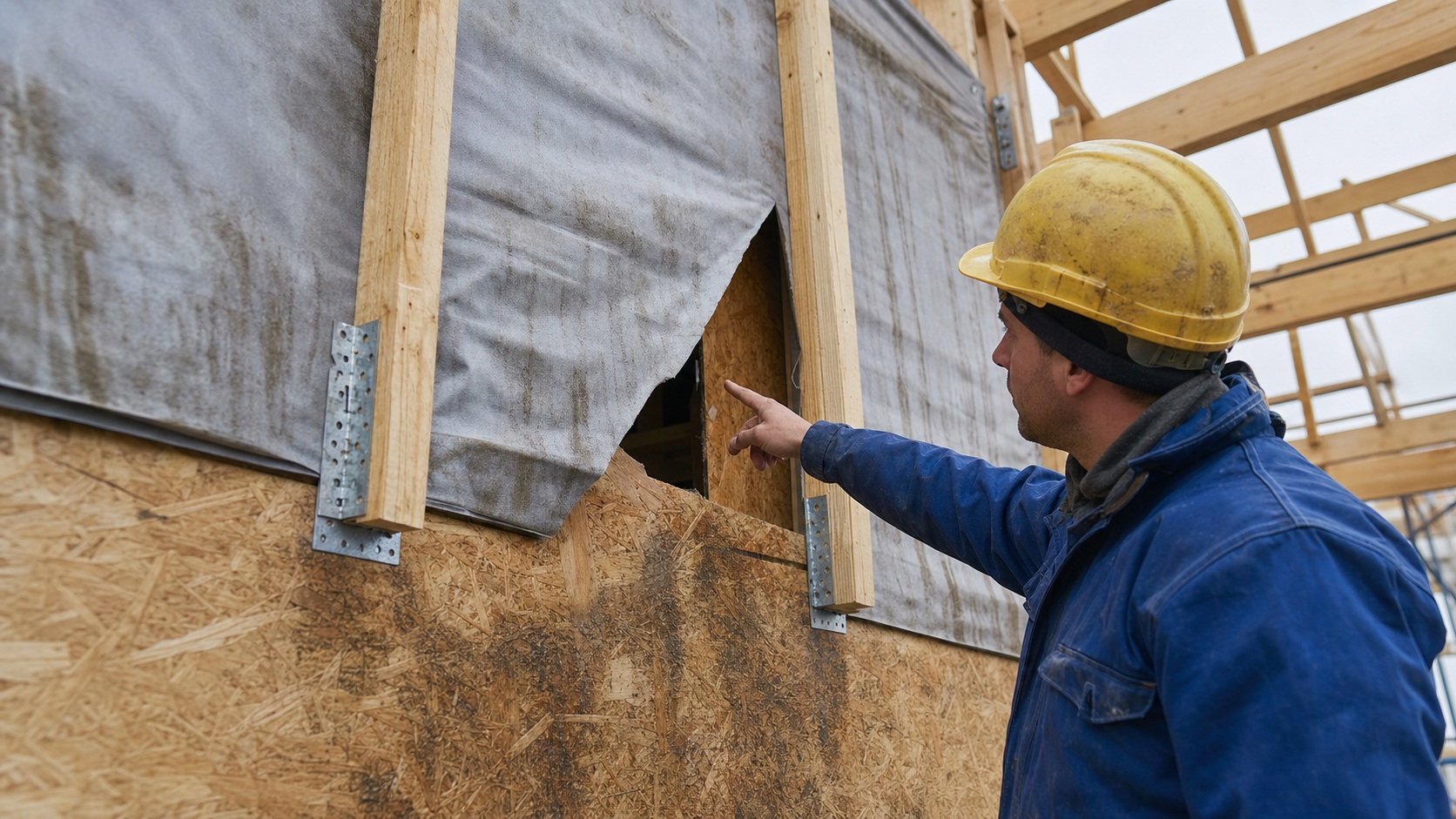 Charpentier ossatura bois vérifiant l'assemblage d'une structure de maison en bois sur chantier en France