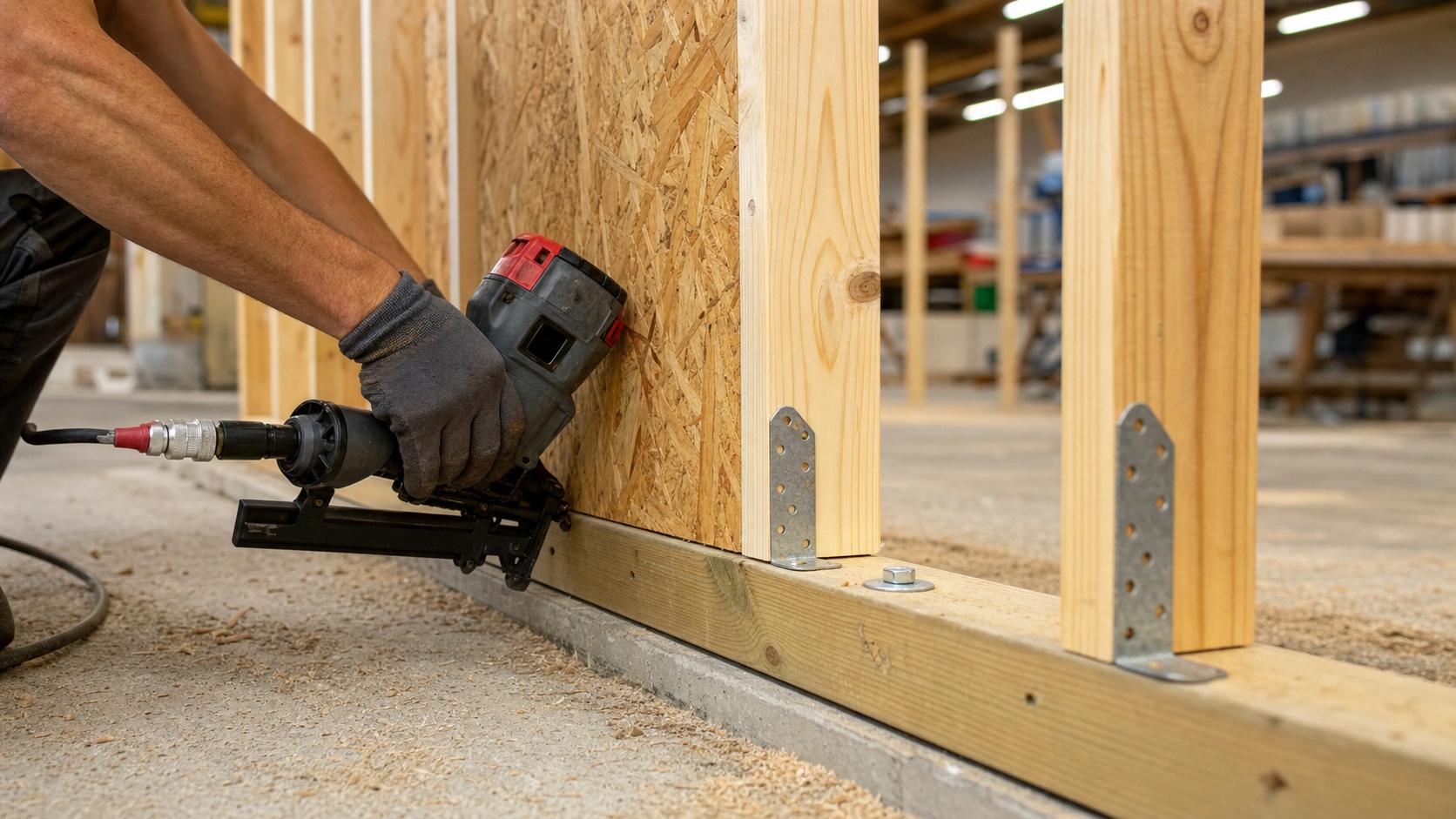 Détail technique d'un assemblage de montants en bois et panneaux OSB sur une maison à ossatura bois en construction