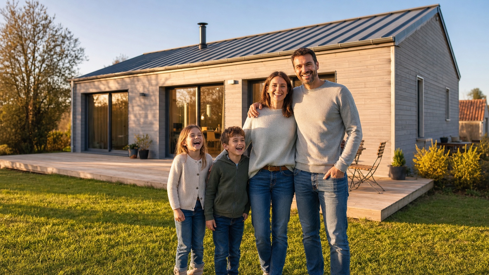 Artisan charpentier et famille propriétaire devant leur maison à ossatura bois terminée, symbolisant la sérénité offerte par la garantie décennale