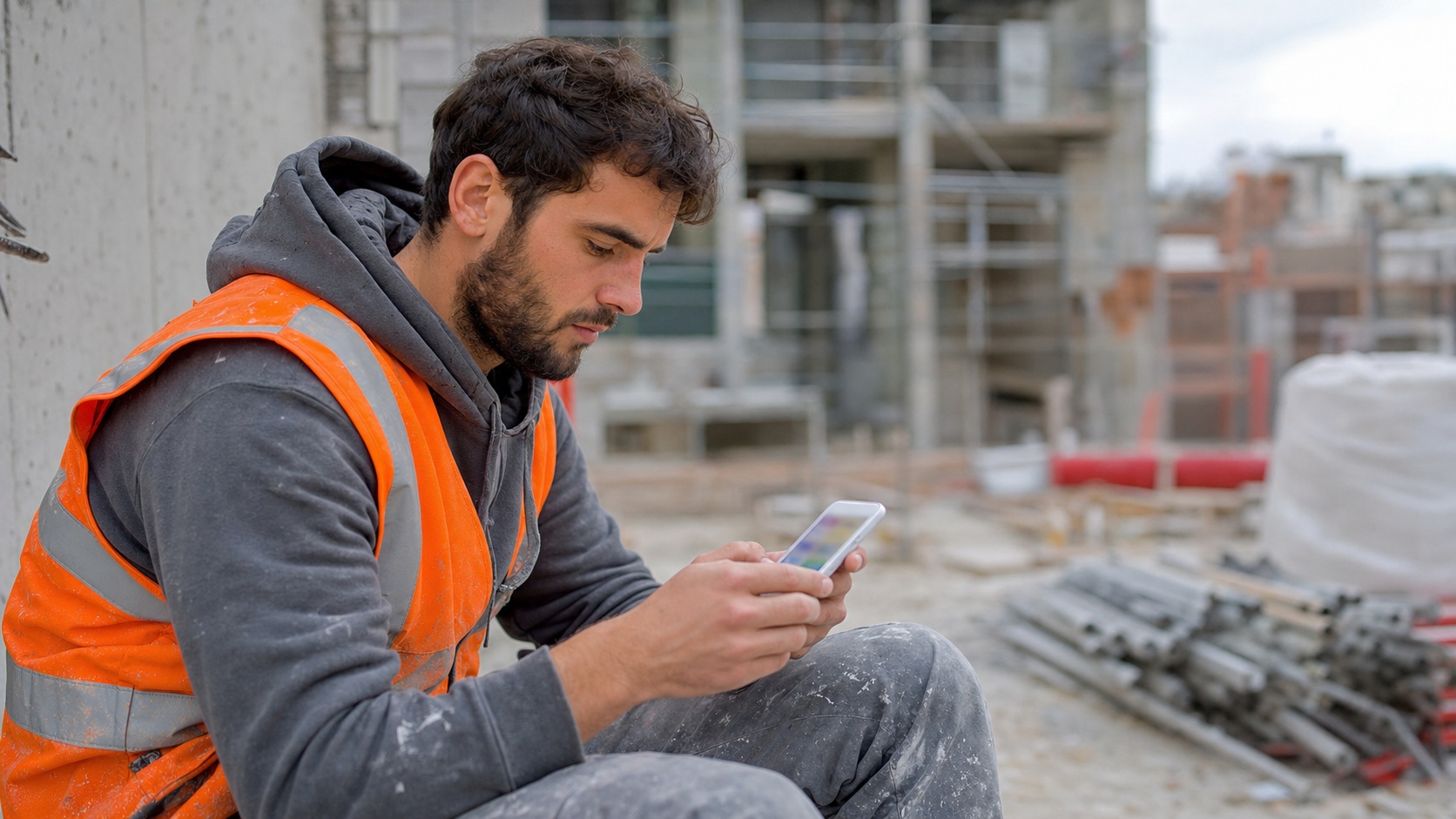 Artisan du bâtiment consultant son smartphone sur un chantier pour gérer le paiement mensuel de son assurance décennale