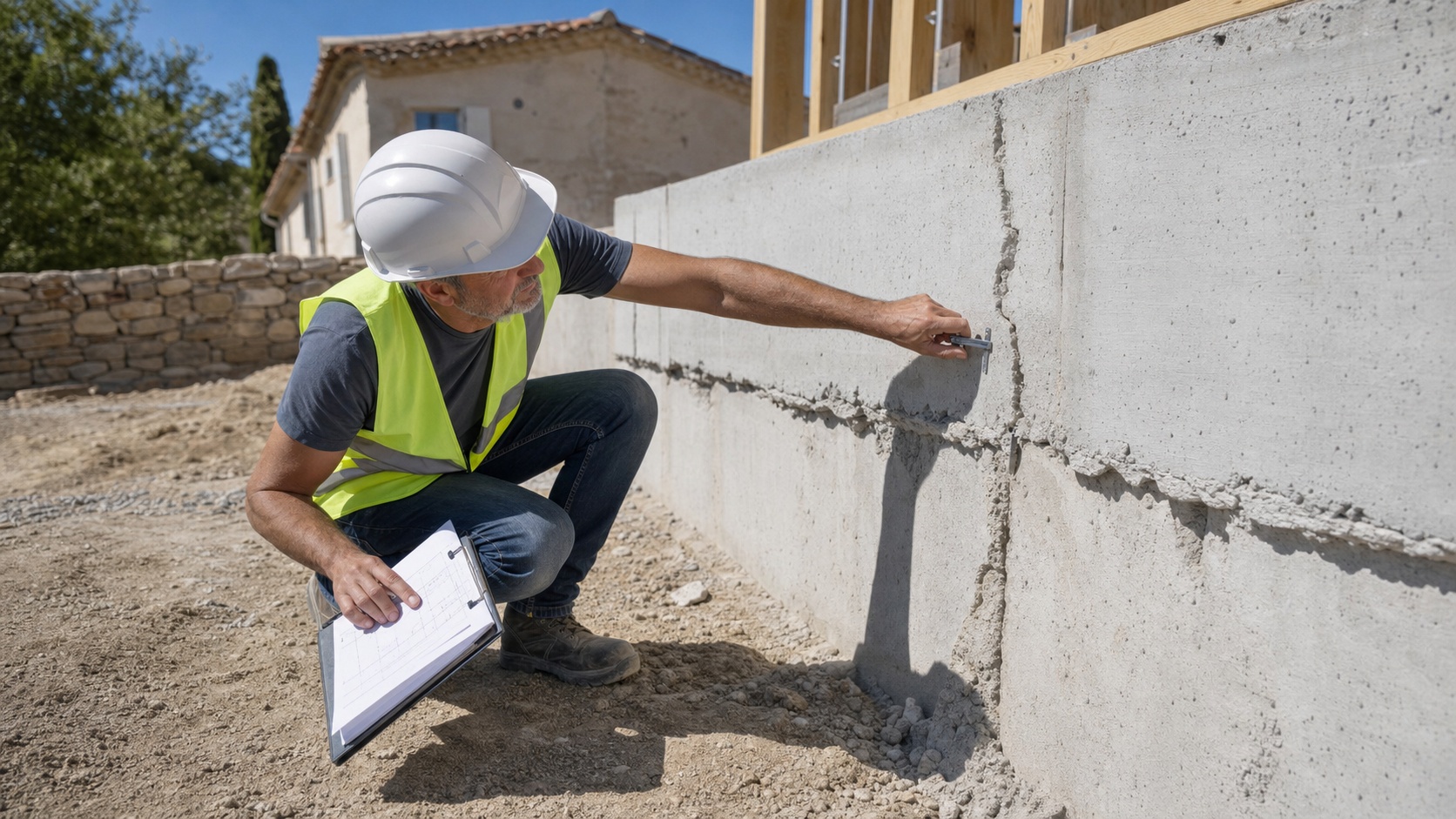 Inspection d'un chantier de construction par un expert en assurance décennale vérifiant la conformité des travaux de fondations