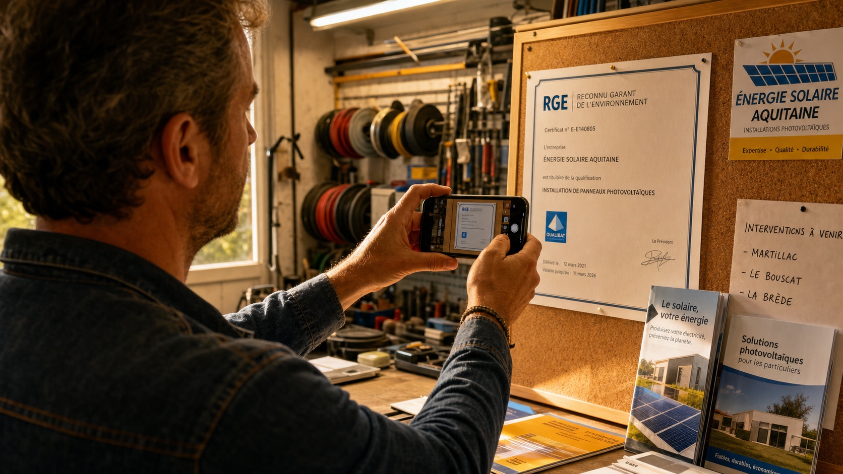 Installateur photovoltaïque examinant des documents d'assurance et de réglementation