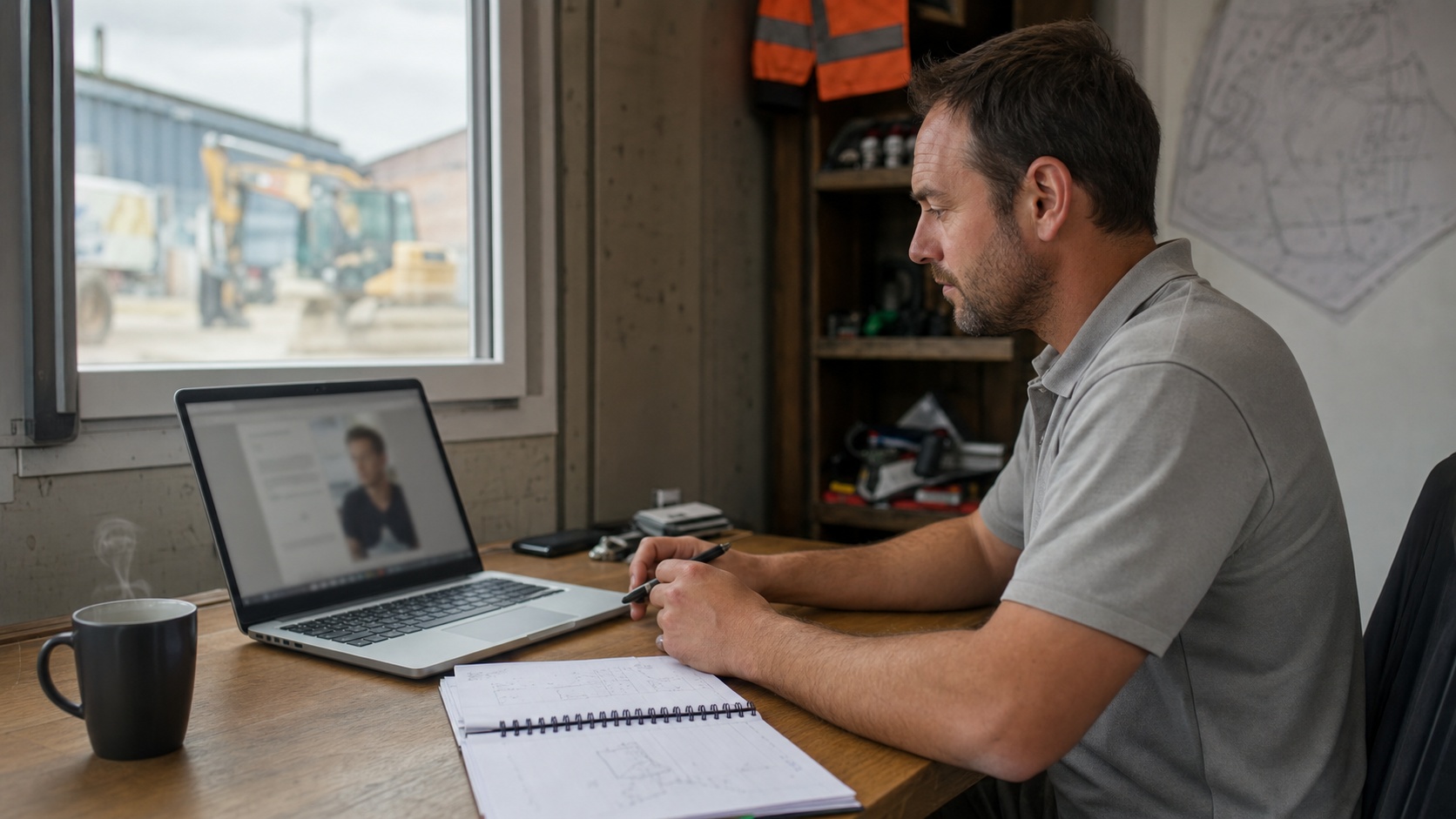 Artisan terrassier consultant un devis d'assurance décennale sur ordinateur portable dans un bureau