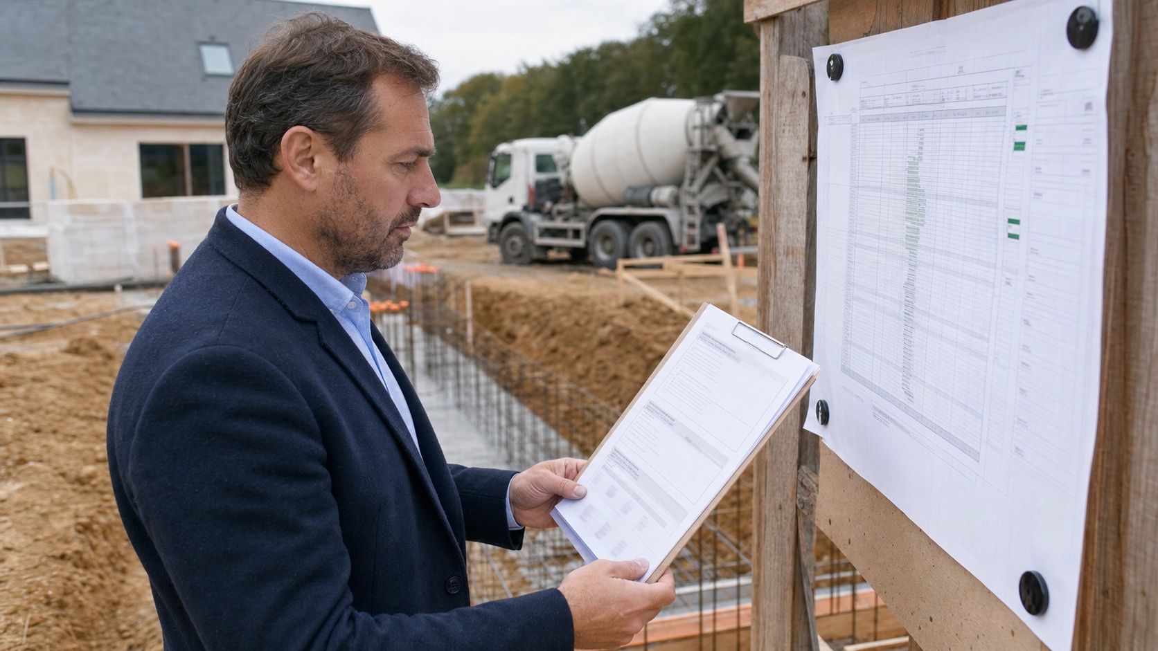 Inspecteur vérification attestation assurance décennale terrassement sur chantier avec pince à documents