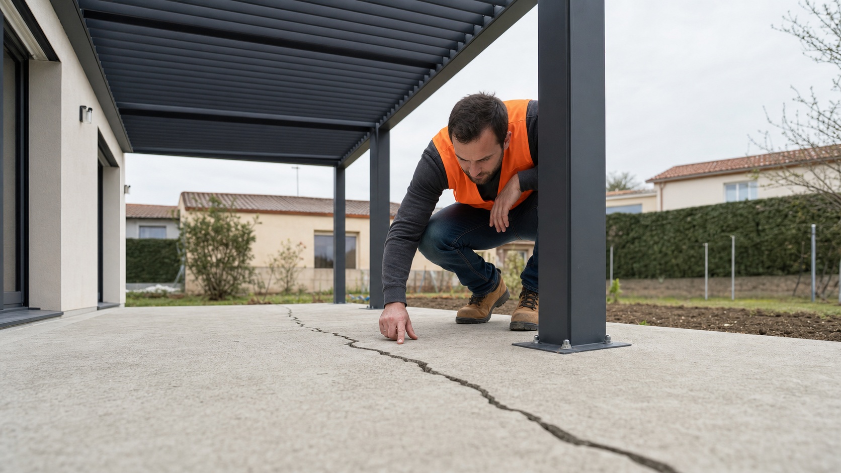 Installateur posant une véranda aluminium sur une maison individuelle en France
