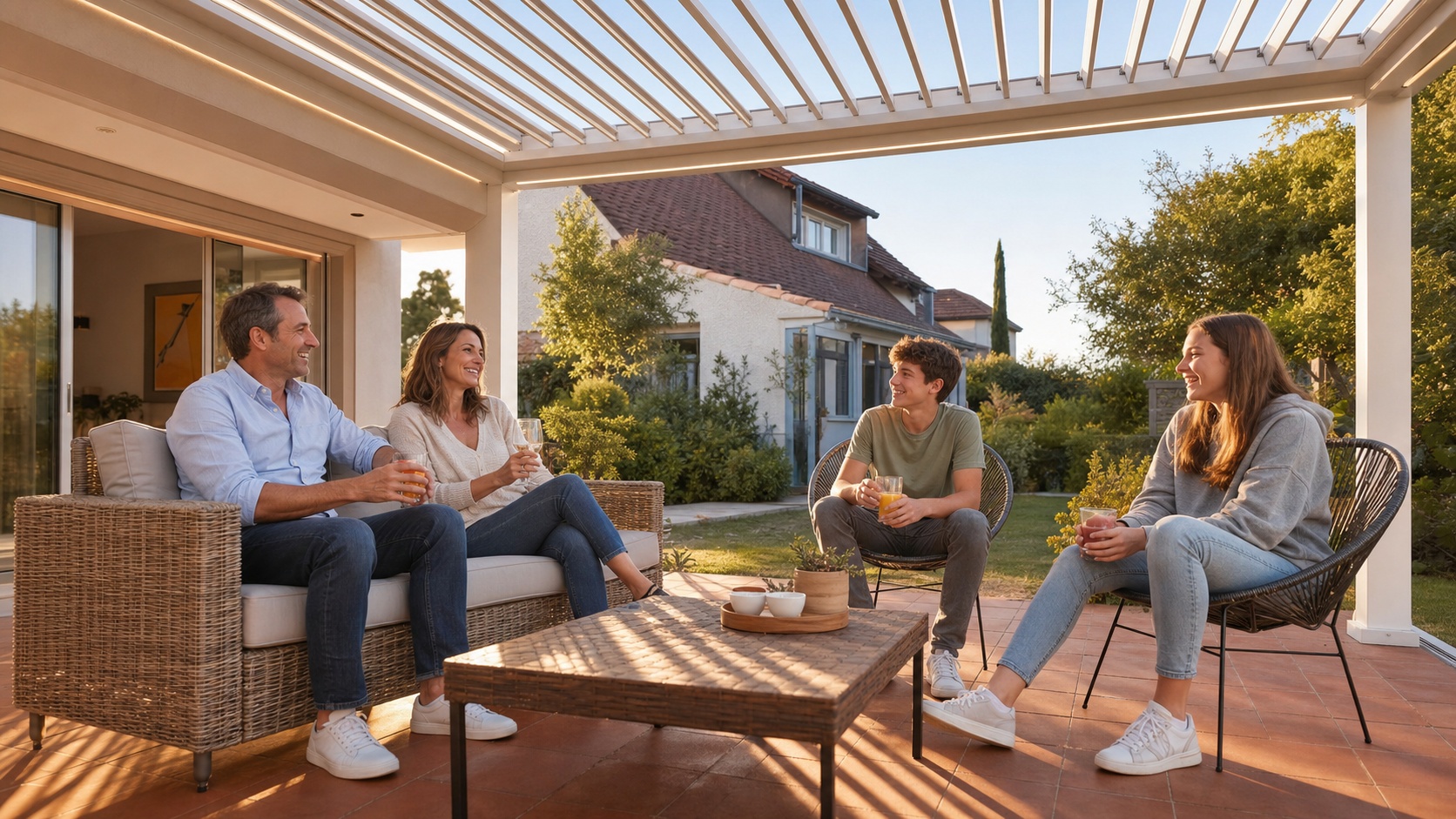 Famille profitant d'une terrasse couverte par une pergola bioclimatique en aluminium, maison de banlieue parisienne