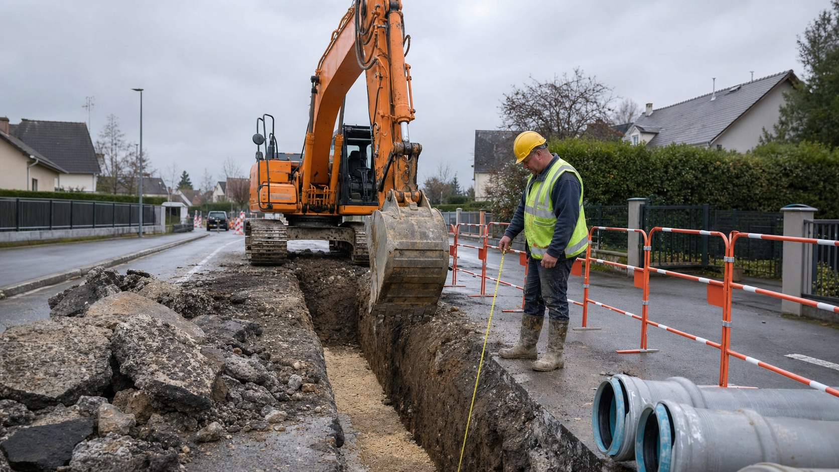 Engin de terrassement sur un chantier de voirie avec tranchée ouverte pour réseaux divers