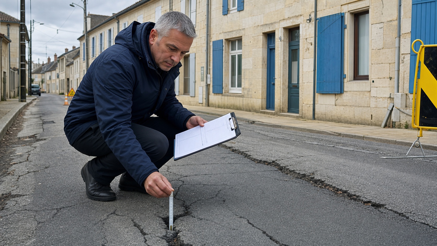 Inspecteur assurantiel vérifiant un relevé de sinistre sur un chantier de réseaux divers en France
