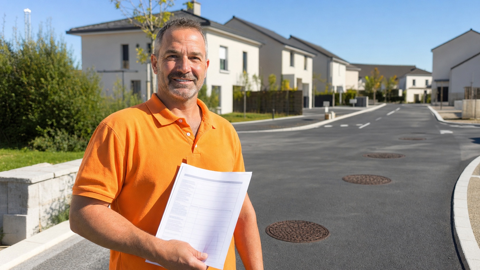 Dirigeant d'une entreprise VRD satisfait tenant son attestation décennale devant un chantier terminé