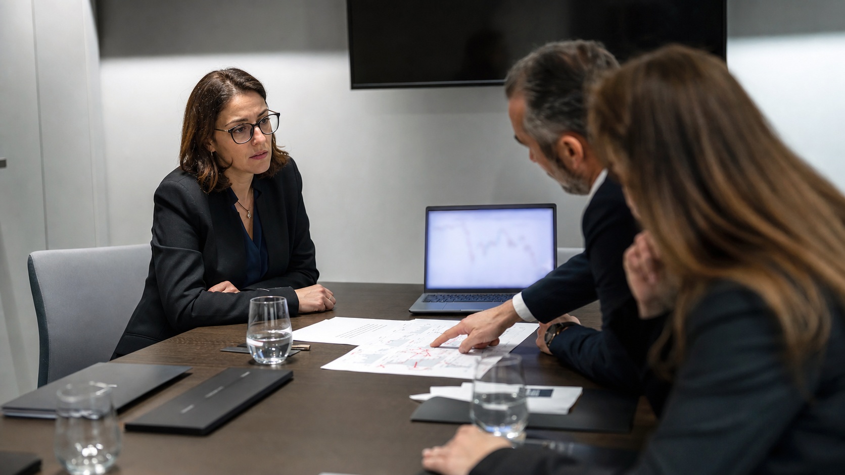 Consultant indépendant en réunion client, présentation de livrables sur ordinateur portable dans un bureau parisien