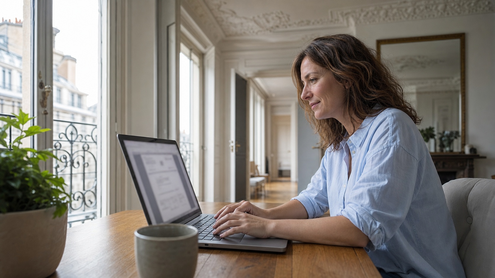 Consultant serein en télétravail depuis un appartement haussmannien à Paris, ordinateur ouvert, attestation d'assurance visible sur écran