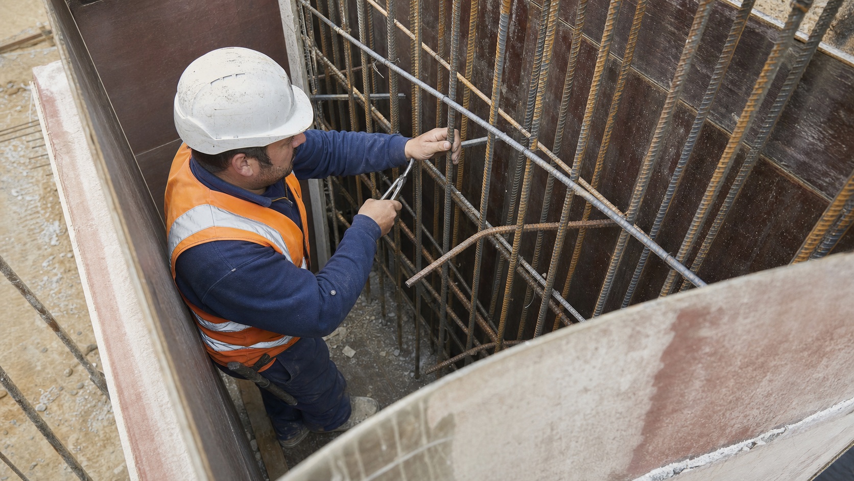 Coffreur-bancheur positionnant des armatures en acier dans un coffrage avant coulage du béton