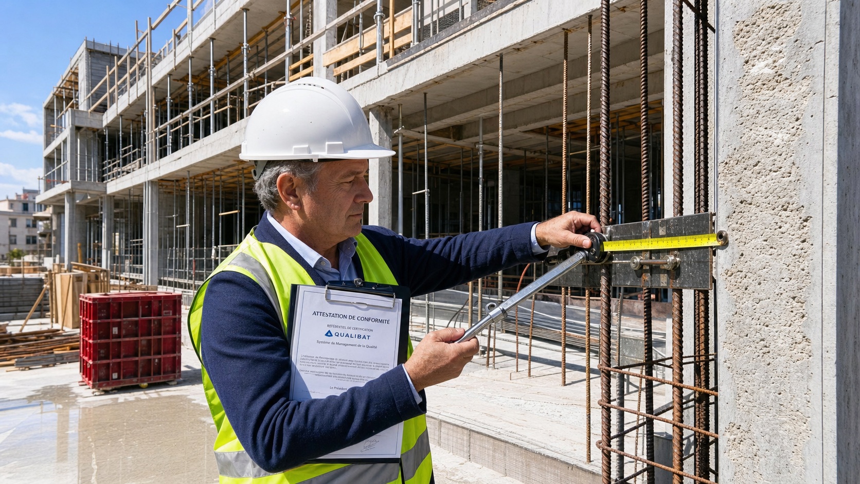 Chef de chantier contrôlant les plans structurels d'un ouvrage en béton armé sur tablette numérique