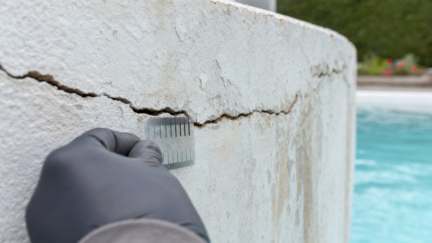 Pisciniste professionnel inspectant les fissures d'un bassin béton en chantier