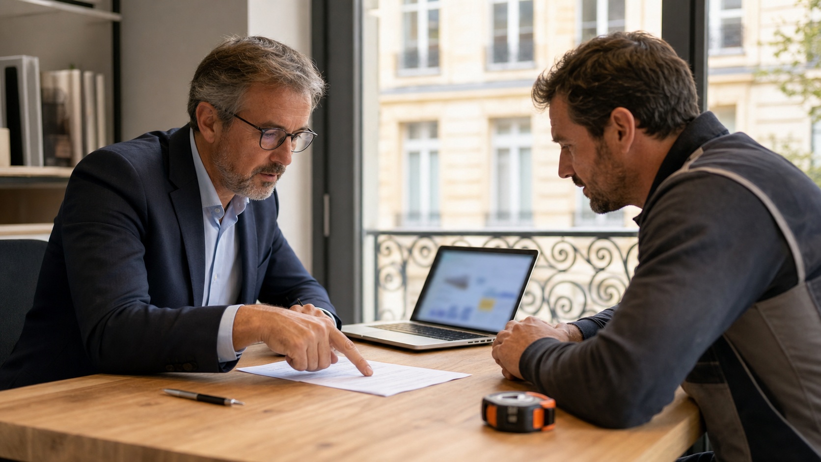 Artisan pisciniste et client signant un contrat de construction de piscine sur un bureau