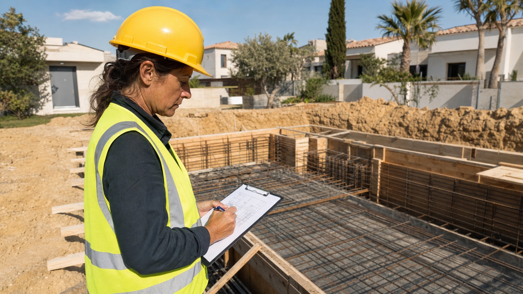 Contrôleur examinant une attestation d'assurance décennale pisciniste sur un chantier