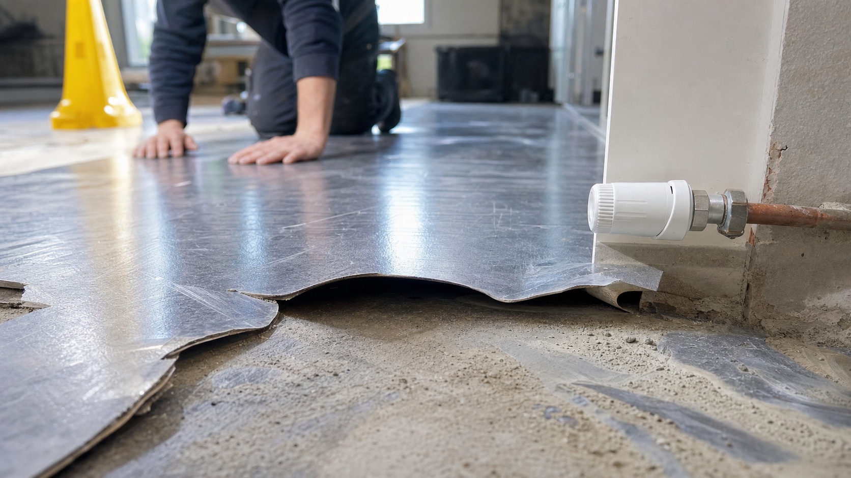 Artisan poseur de parquet en tenue professionnelle installant un parquet bois dans un salon moderne