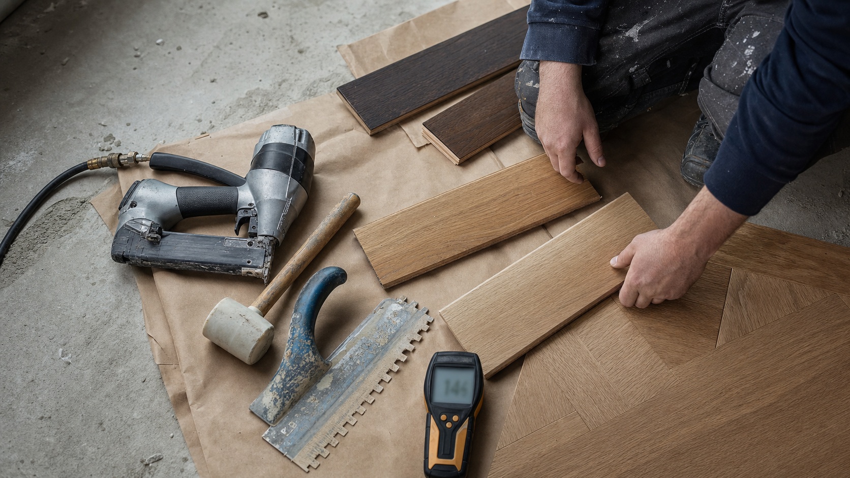 Parquet qui gondole et se soulève à cause d'un excès d'humidité résiduelle dans le support