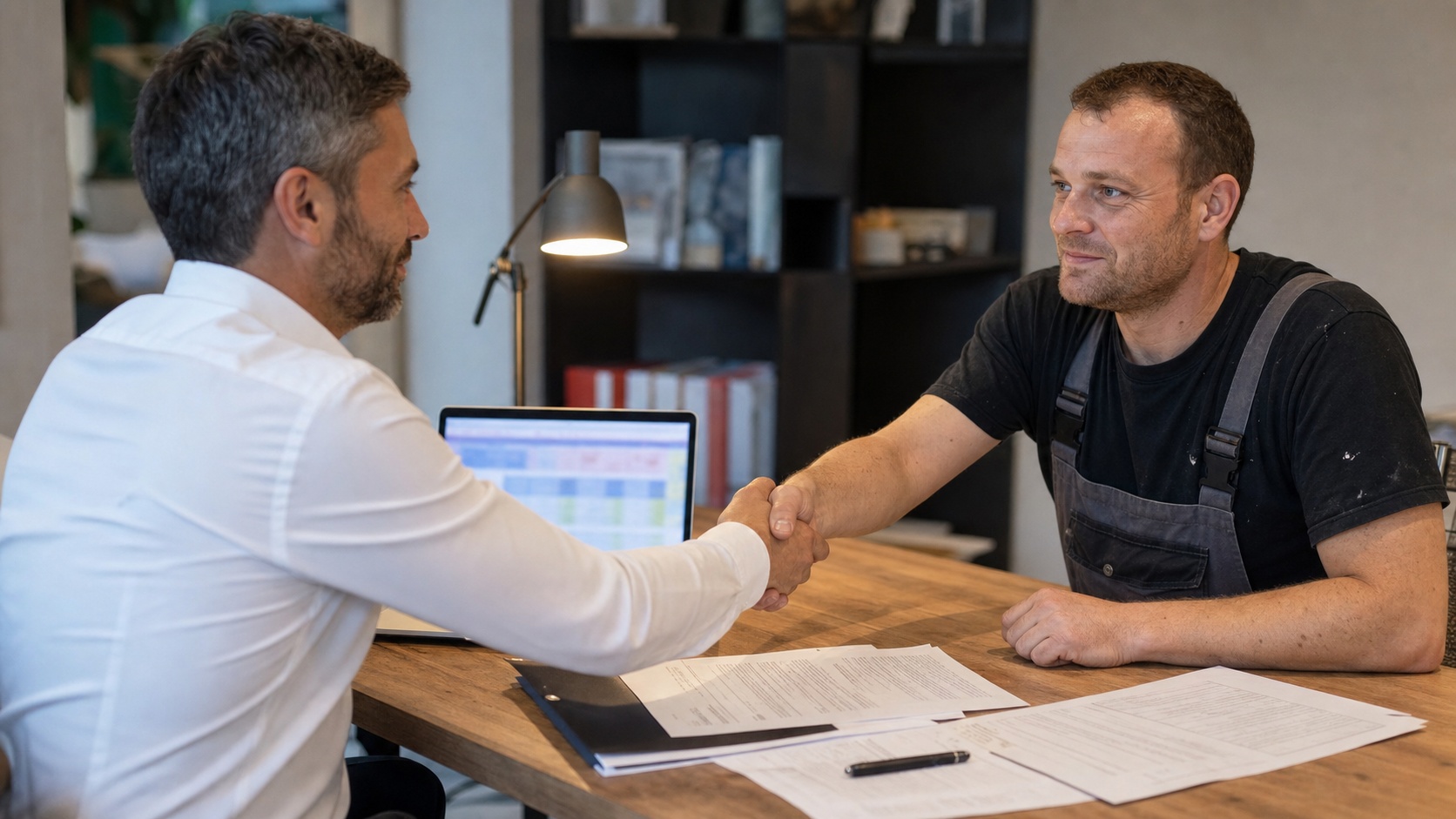 Artisan du bâtiment consultant des documents d'assurance RC Pro et comparant les prix de garanties