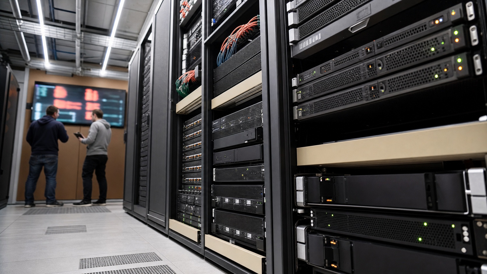 Tableau de bord de monitoring réseau avec alertes de sécurité actives sur plusieurs écrans dans une salle serveurs