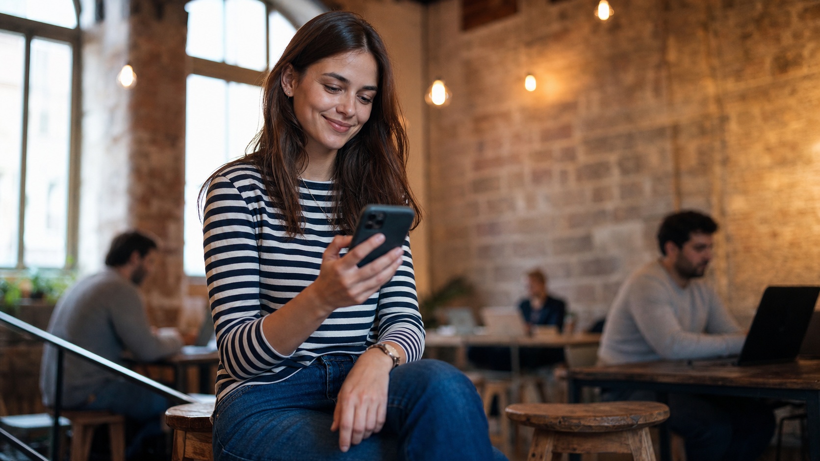 Freelance IT satisfait consultant son attestation d'assurance RC Pro sur son téléphone dans un espace de coworking à Bordeaux