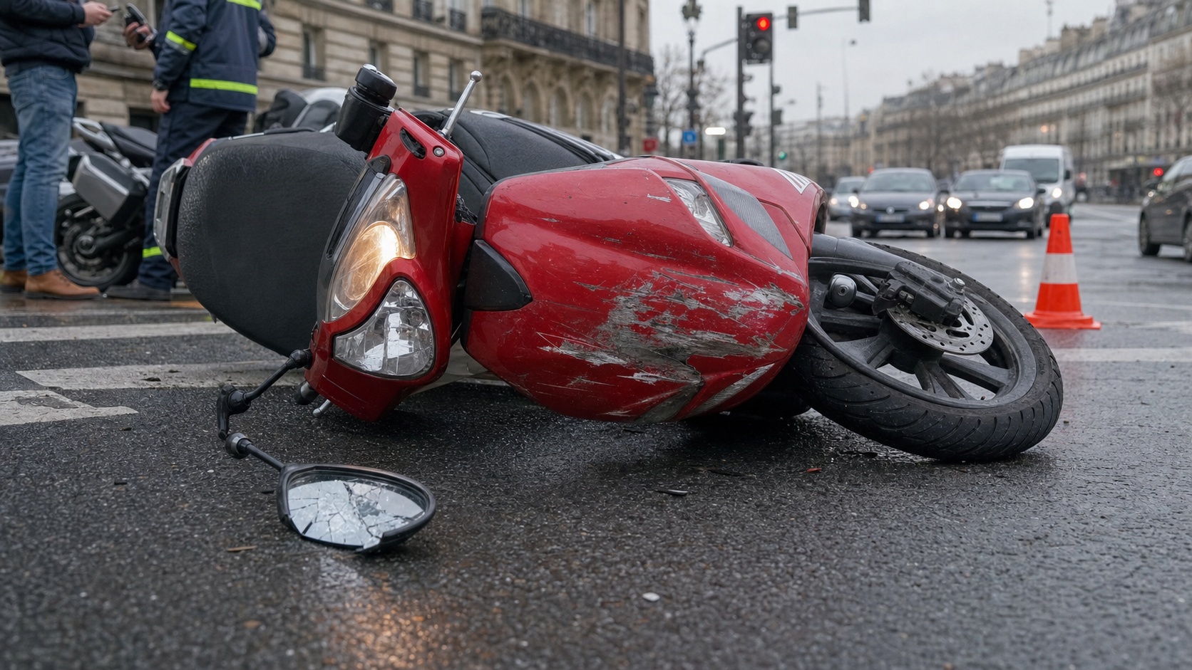 Conducteur en scooter 125cc sur une route urbaine en France, assurance deux-roues obligatoire
