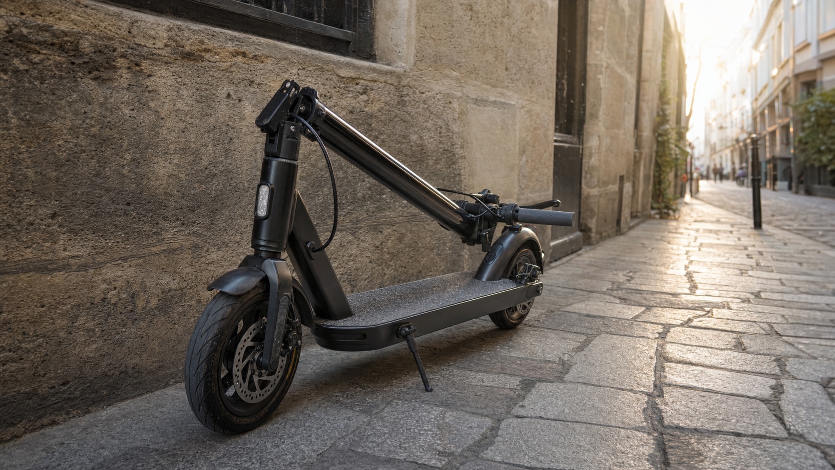 Trottinette électrique garée sur un trottoir parisien, plaque de rue visible, lumière dorée de fin de journée