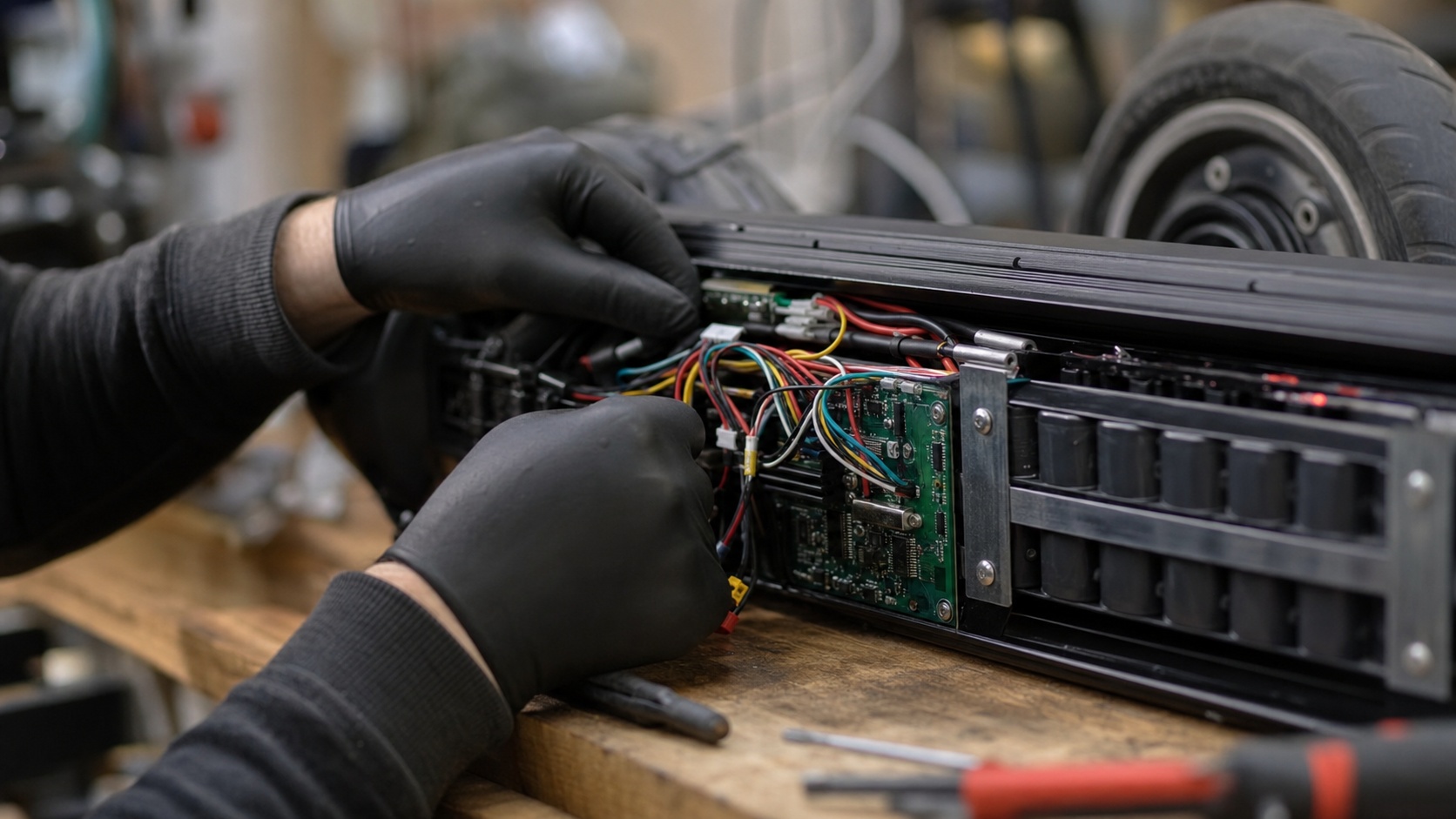 Gros plan sur les composants électroniques et la batterie d'une trottinette électrique en atelier de réparation