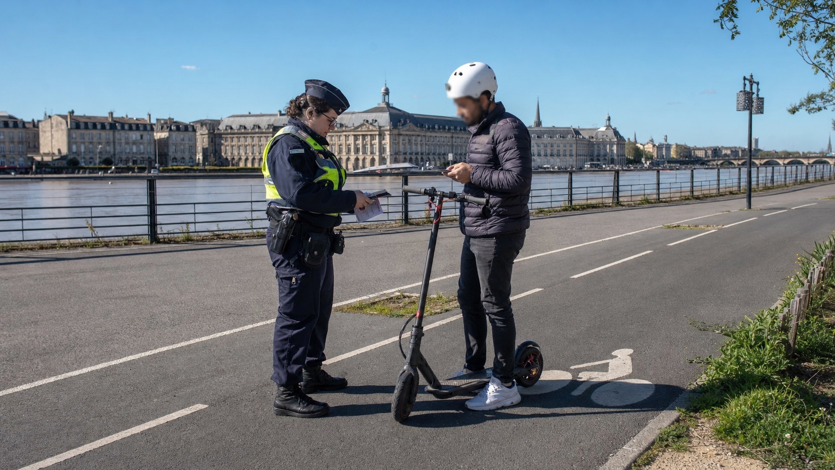 Agent de police contrôlant les documents d'un utilisateur de trottinette électrique sur une piste cyclable de Bordeaux, en journée