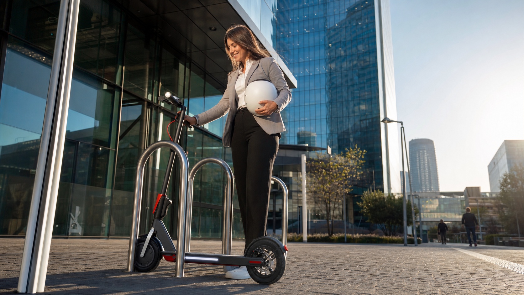 Jeune femme souriante arrivant à son bureau en trottinette électrique, casque sous le bras, quartier d'affaires de La Défense, matin ensoleillé